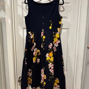 Navy Floral & Lemon Print Sleeveless Dress